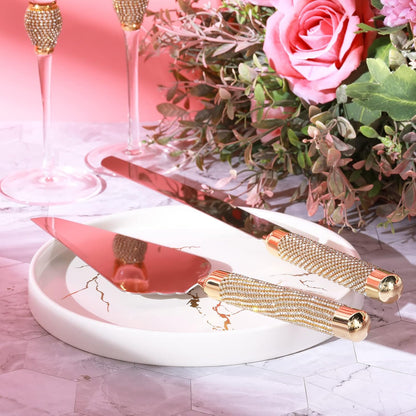 Boao 4 Piece Mr and Mrs Champagne Flutes and Cake Knife Server Set Crystal Wedding Toasting Flutes Rhinestone Cake Cutting Set for Bride and Groom Wedding Engagement Bridal Shower Gifts(Silver)