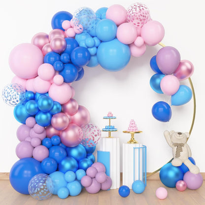Amandir 153pcs Purple Blue Pink Balloon Garland Arch Kit, Different Sizes 18 12 10 5 inch Teal Yellow Latex Metallic Confetti Balloons for Magic Birthday Engagement Party Decoration