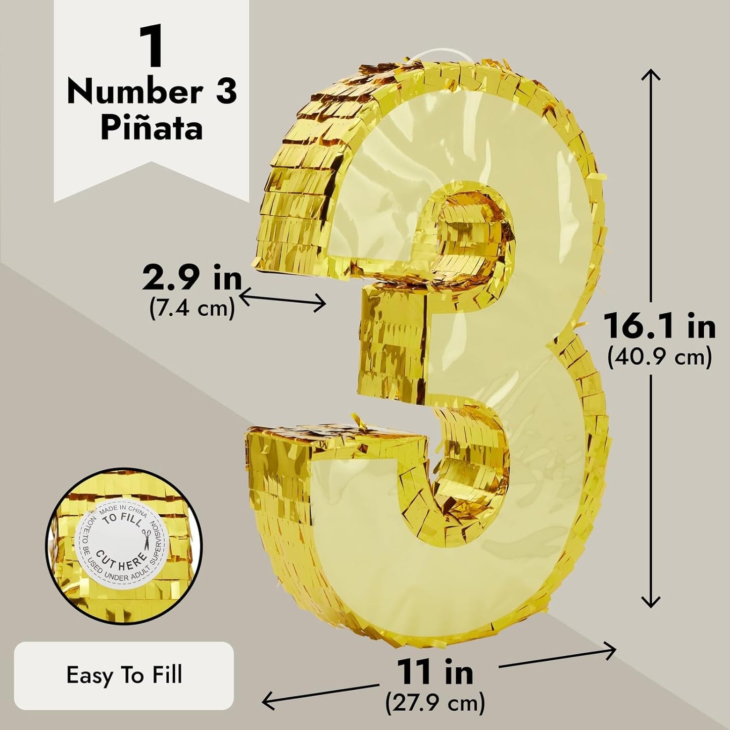 Juvale Gold Foil Number 3 Pinata - Spacious Candy & Toy Holder Birthday Pinata - Hangable Party Decor - 11.1 x 2.9 x 16.1 in, Paper, Gold