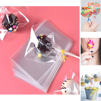 300PCS Lollipop Cake Pop Treat Bag Set Including 100pcs Parcel Bags, Papery Treat Sticks, Gold Metallic Twist Ties for Making Candies, Chocolates and Cookies