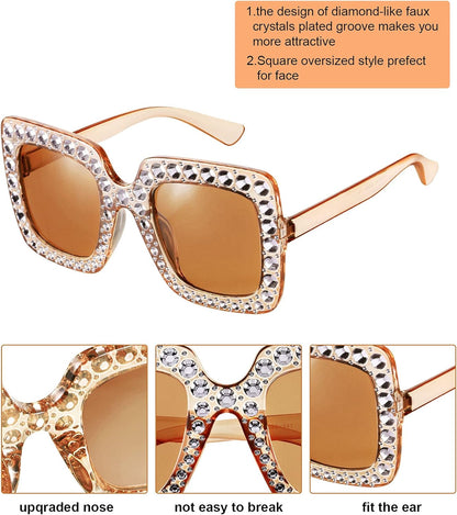 Frienda 6 Pairs Rhinestone Oversized Square Sunglasses 70s Women Dazzled Sunglasses for Disco Party Concert Photo Props