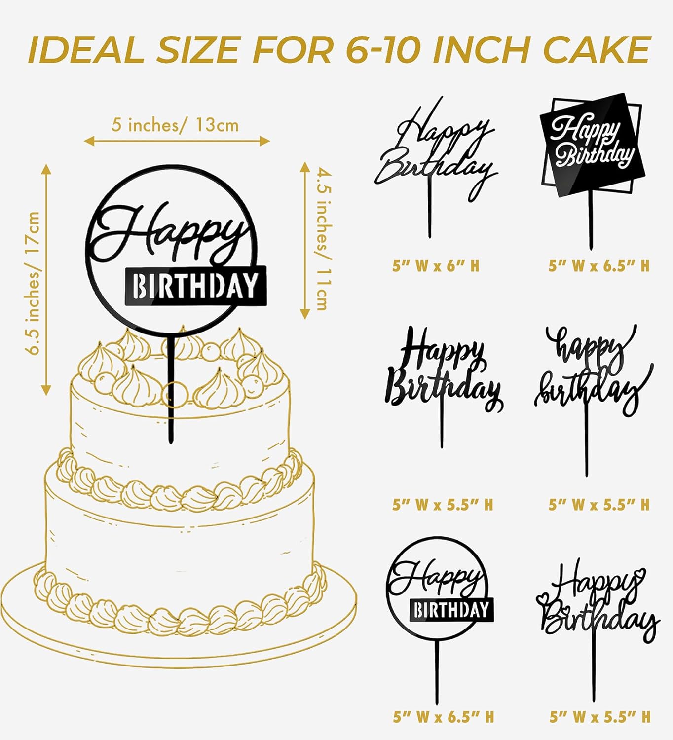 6 Pcs Black Happy Birthday Cake Toppers Set, Acrylic Cake Decoration for Birthday Party