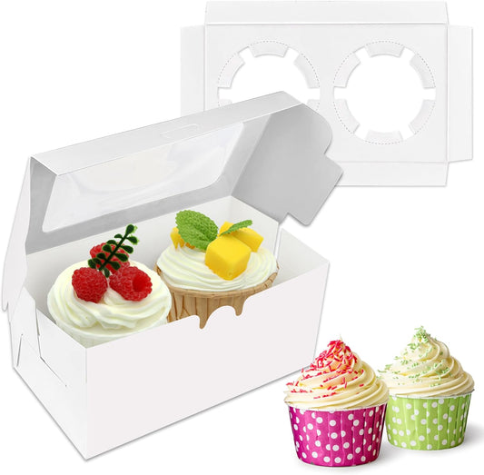 MUMULULU White Paper Cupcake Boxes with 2 Cavity Cookie Gift Boxes with Clear Window 2 Treat Holder Cupcake Containers Bakery Cake Box for Birthday Party Bakery Supplies (10)