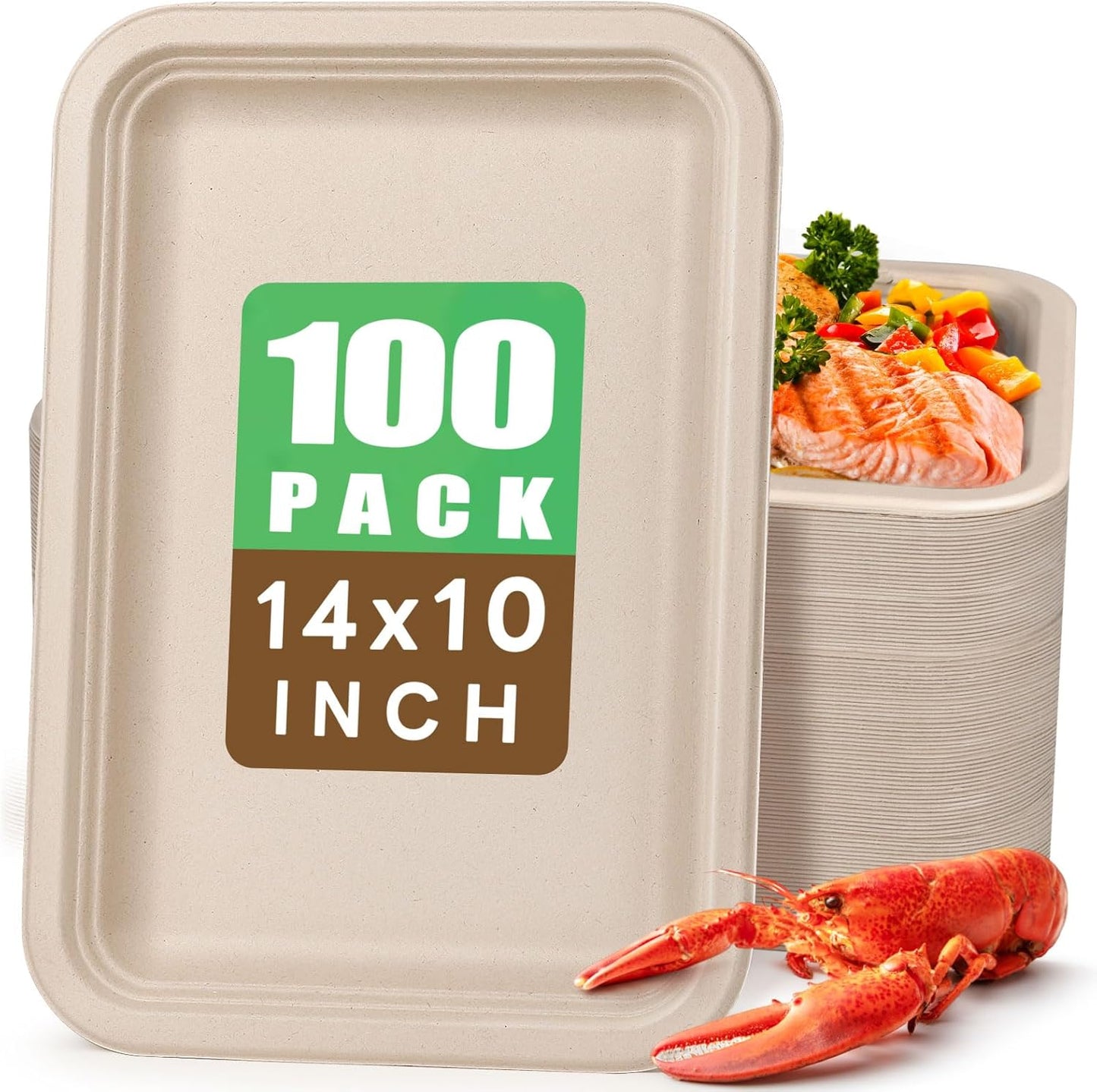 Gezond 50 Pack 14 Inch Disposable Food Trays Eco-friendly Heavy-Duty Large Paper Plates Compostable Sugarcane Platters for Crawfish Lobster Seafood Party Natural