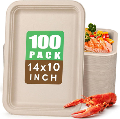 Gezond 50 Pack 14 Inch Disposable Food Trays Eco-friendly Heavy-Duty Large Paper Plates Compostable Sugarcane Platters for Crawfish Lobster Seafood Party Natural