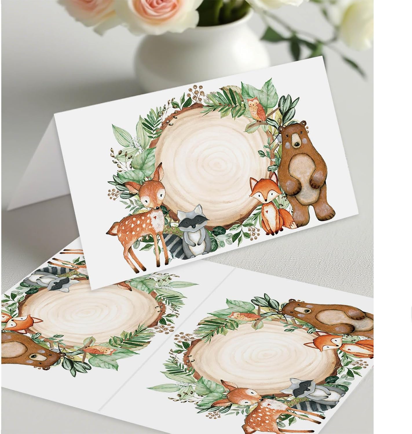 120 Pack Woodland Baby Shower Place Cards, 3.5" x 2" Foldable Table Tent Name Cards, Food Labels for Forest Animals Baby Shower Birthday Party Reception Tables Placement Party Decorations