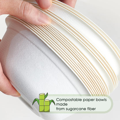 ECOLipak 150 Pack 12 oz Paper Bowls Disposable, Heavy-Duty Biodegradable Compostable Bowls Made of Natural Sugarcane Bagasse, Suitable for Salad, Dessert, Milk, Cereals