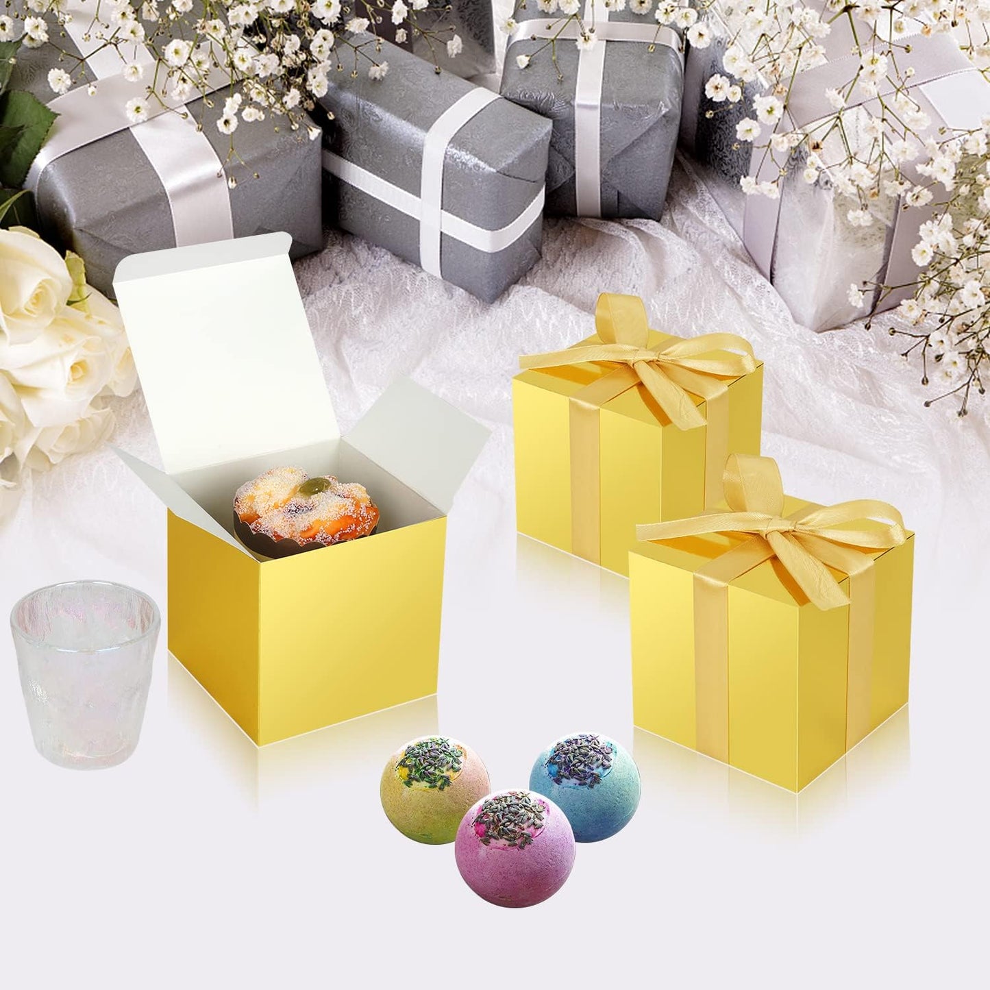 100 Pack Small Gift Boxes, 2x2x2 Inches Favor Boxes Gold Paper Gift Boxes with Lids for Presents, Crafting, Cupcake Boxes, Gifts, Candy Boxes for Wedding Party Bridal Shower Baby Shower Favors