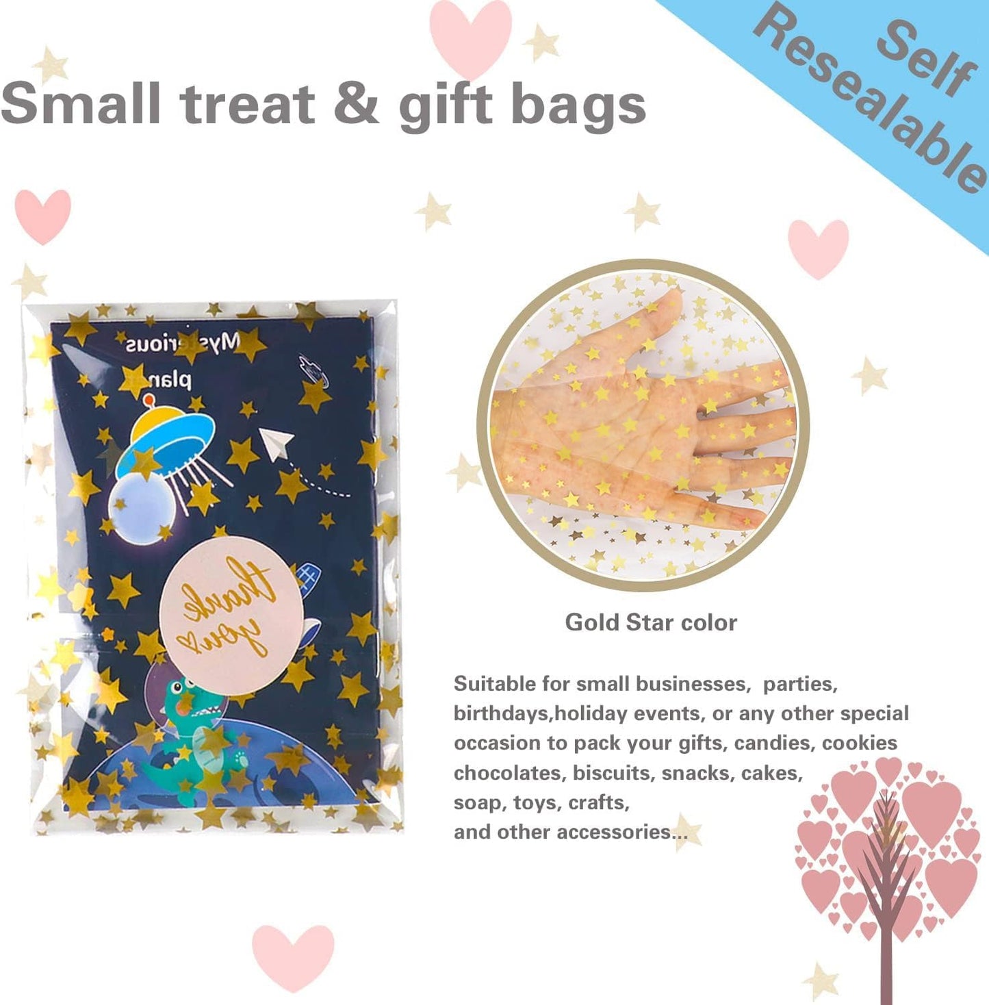 100 Pcs Star Printed 5"X 7" Gift Wrap Cello Cellophane Treat Bags Party Favor bags Clear Candy Cookie Bag Plastic Poly Goodie Storage Bag with Twist Ties for Bakery,Birthday, Wedding ,Party Decorations (Gold)