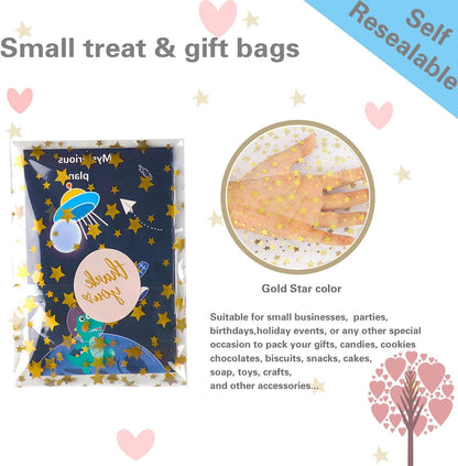 100 Pcs Star Printed 5"X 7" Gift Wrap Cello Cellophane Treat Bags Party Favor bags Clear Candy Cookie Bag Plastic Poly Goodie Storage Bag with Twist Ties for Bakery,Birthday, Wedding ,Party Decorations (Gold)