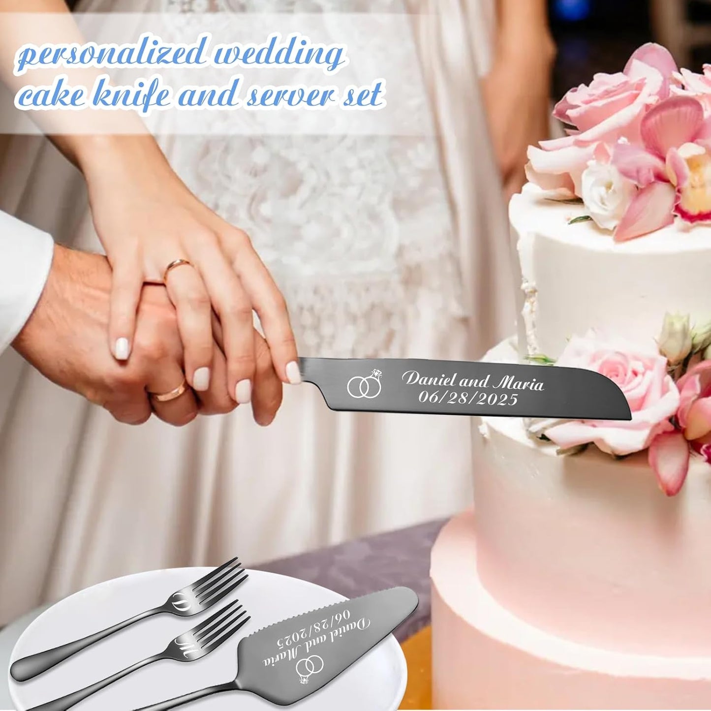 Personalized Wedding Cake Knife and Server Set, Wedding Gold Cake Cutting Set with Stainless Steel Forks, Customized Bridal Anniversary Birthday Wedding Registry Gifts for Couple (Non-customized)