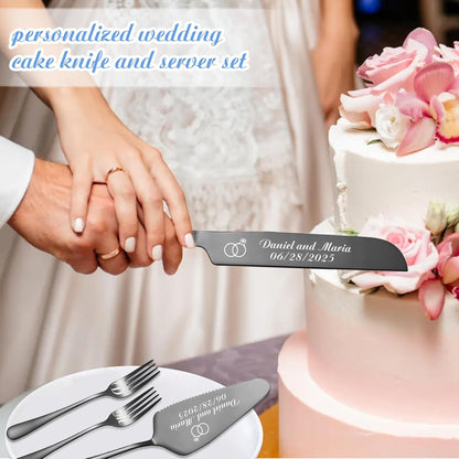 Personalized Wedding Cake Knife and Server Set, Wedding Gold Cake Cutting Set with Stainless Steel Forks, Customized Bridal Anniversary Birthday Wedding Registry Gifts for Couple (Non-customized)