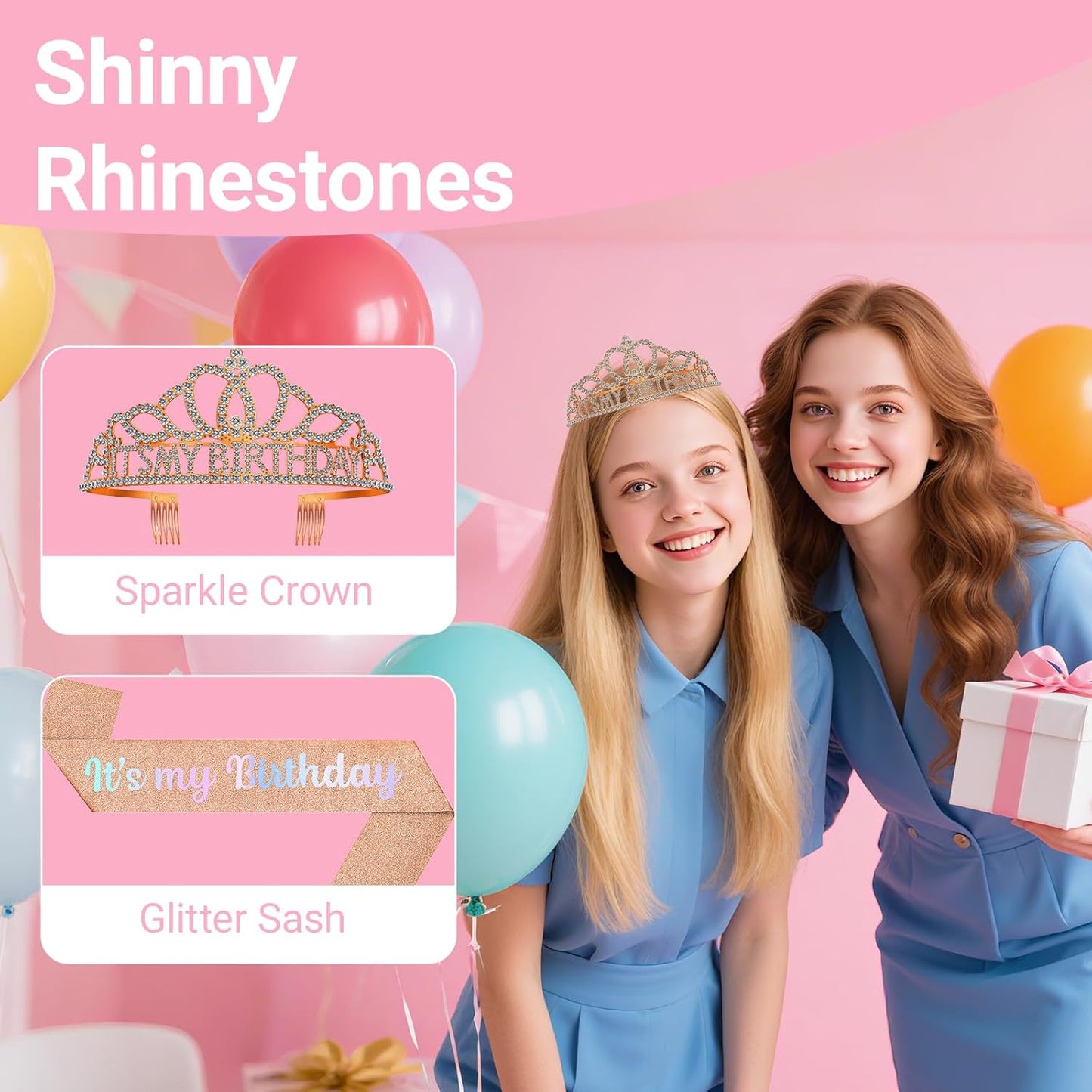 Birthday Tiara and Crown with Sash, Birthday Tiara for Women Party Silver
