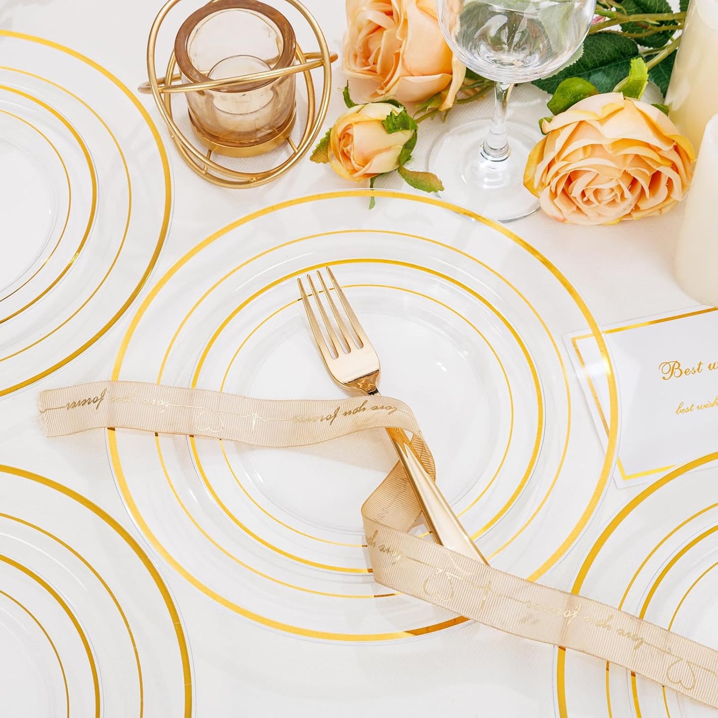I00000 102 Pieces Gold Plastic Plates, Disposable Party Plates White Gold Rim, 51 Disposable Gold Dinner Plates 10.25 Inch and 51 Disposable Dessert Appetizer Elegant Fancy Wedding Plates 7.5 Inch