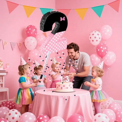 15.7 x 11.5 x 3 Inch Pink Bow Number 2 Pinata,Pink Bow Birthday Decorations, Fillable Hanging Piñata with Stick Blindfold Confetti for Girls Boys 2nd Anniversary Party Decorations