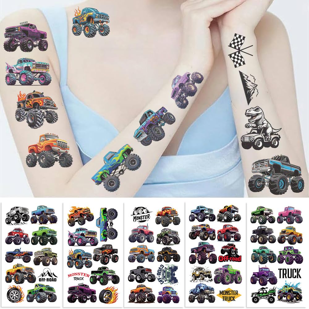 10 Sheets Monster truck Temporary Tattoos Birthday Themed Party Supplies Decoration Favors Cartoon Cute Sticker for Kids Boys Home Activity Class Prizes Carnival Christmas Rewards