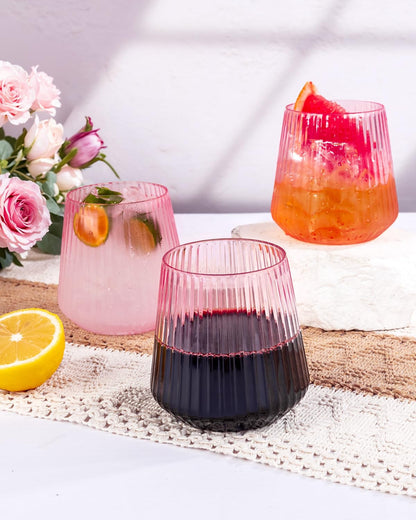 Ciaell 30 Pack Pink Plastic Ribbed Wine Glasses, 12 OZ Origami Stemless Disposable Wine Champagne Whiskey Glasses Unbreakable Clear Plastic Cocktail Glasses, Wine Cups for Party Wedding