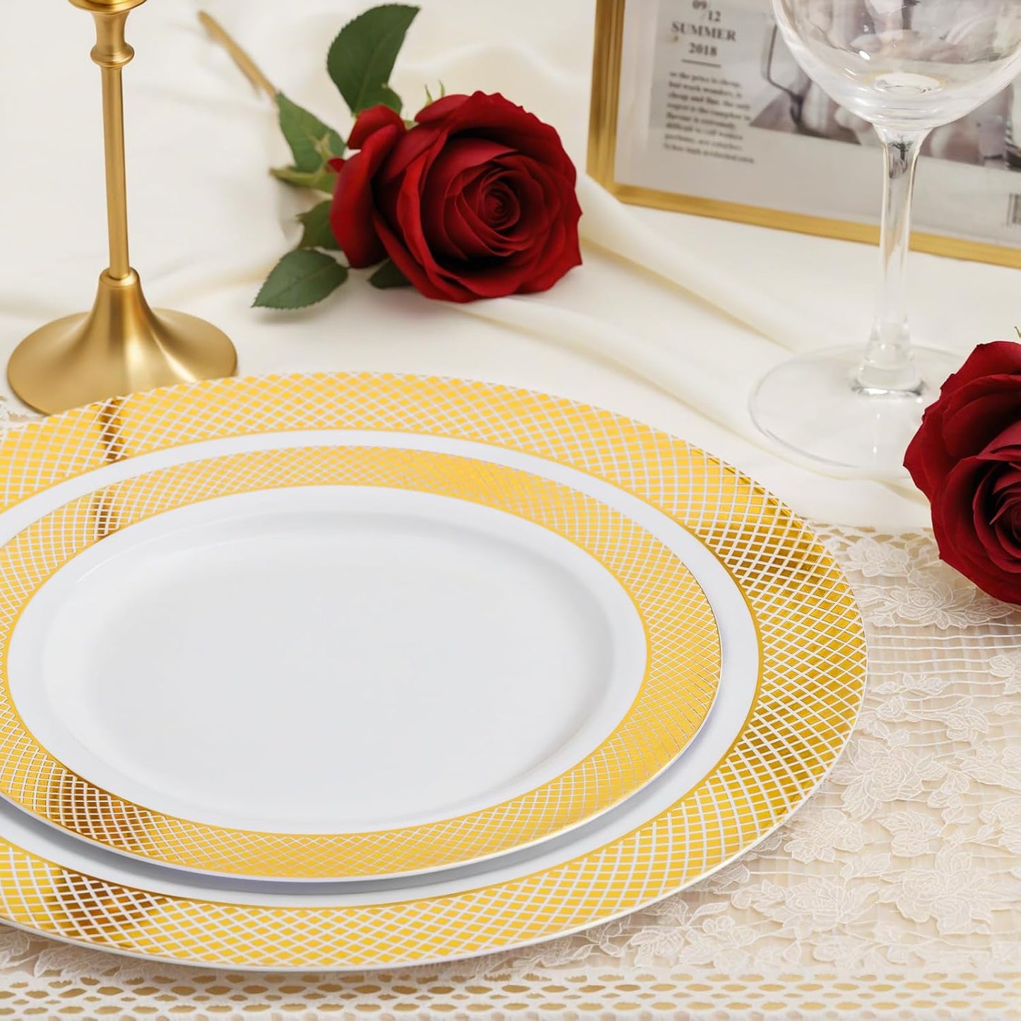 I00000 102 Pieces Gold Plastic Plates, Disposable Party Plates White Gold Rim, 51 Disposable Gold Dinner Plates 10.25 Inch and 51 Disposable Dessert Appetizer Elegant Fancy Wedding Plates 7.5 Inch