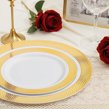 I00000 102 Pieces Gold Plastic Plates, Disposable Party Plates White Gold Rim, 51 Disposable Gold Dinner Plates 10.25 Inch and 51 Disposable Dessert Appetizer Elegant Fancy Wedding Plates 7.5 Inch