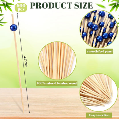 Reallnaive 600 Pcs Cocktail Pick Pearl Fancy Toothpick for Appetizer 4.7 Inch Long Skewer for Drink Fruit Food Bamboo Stick Wedding Bridal Shower Decoration Charcuterie Accessories (White)