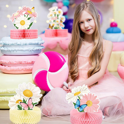 Hotop 9 Pcs Daisy Flower Birthday Party Decorations Daisy Butterfly Honeycomb Centerpieces 3D Daisy Centerpieces for Tables Pink Daisy Table Toppers Boho Groovy Party Decorations Girl Baby Shower