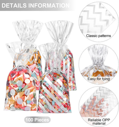 Aodaer 100 Pieces 10.6 x 5.1 In White Cellophane Bags Plastic Candy Gift Bag Cellophane Treat Bags with Twist Ties Stripes Polka Dot Printed Pattern Goodie Bag for Birthday Weddings Party Favors