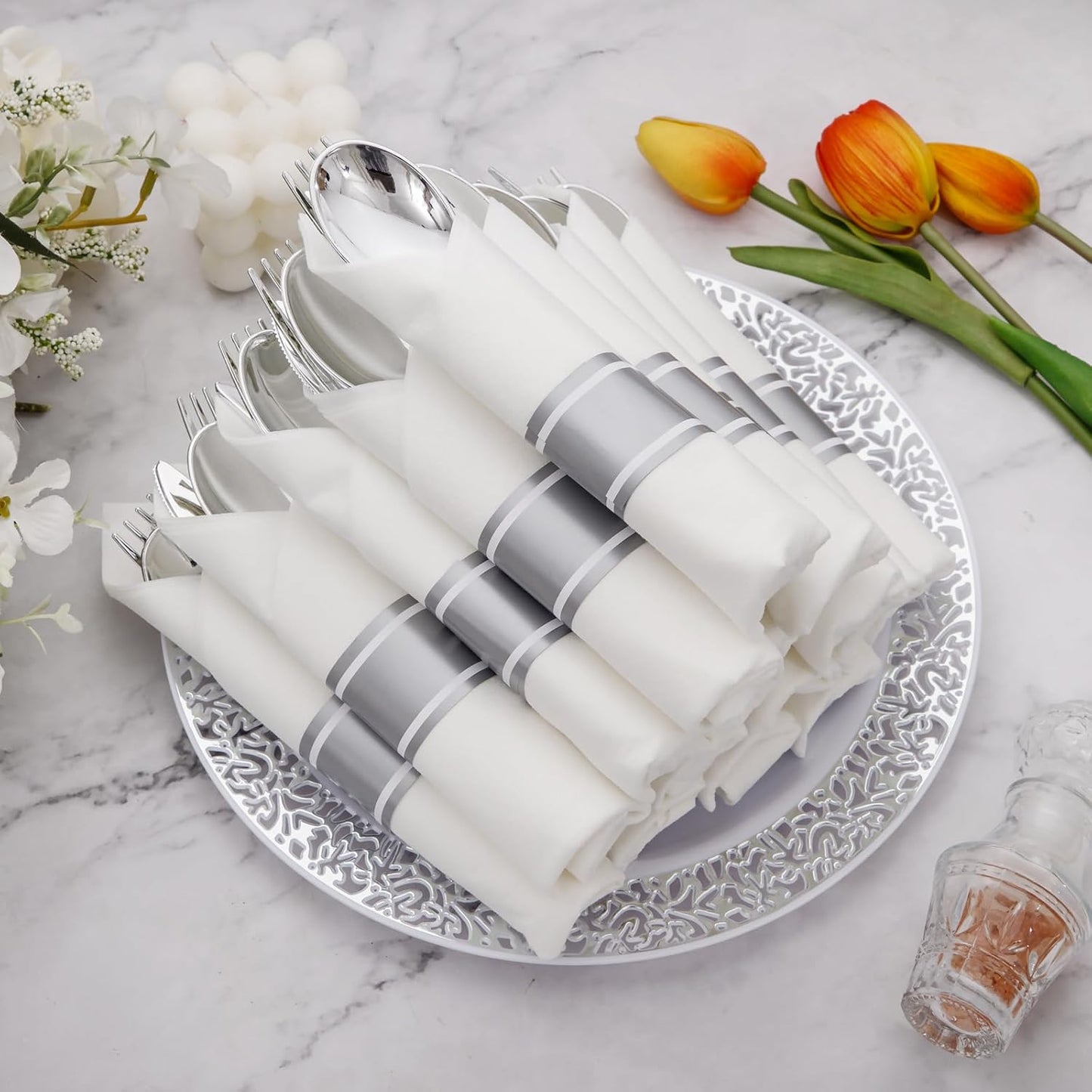 Supernal 180Pcs Silver Plastic Silverware Set, Elegant Hammered Design Heavy Duty Disposable Cutlery, Includes 60 Forks, 60 Knives, 60 Spoons,Silver Plastic Utensils for Wedding, Parties,Events