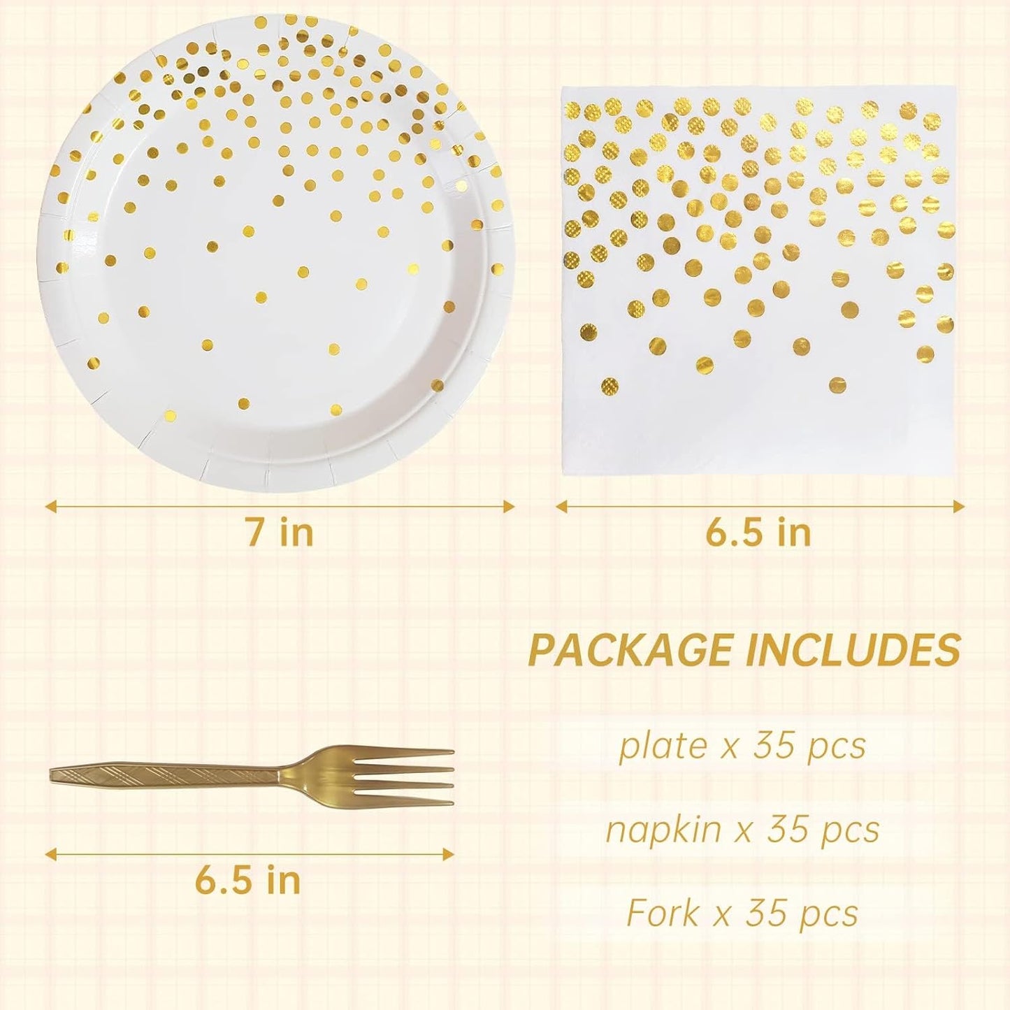 White and Gold Paper Plates Napkins Party Supplies,Disposable Gold Dot Paper Dessert Plates,105 PCS Birthday Plates and Napkins Party Supplies for Wedding(Serves 35 Guests 7")