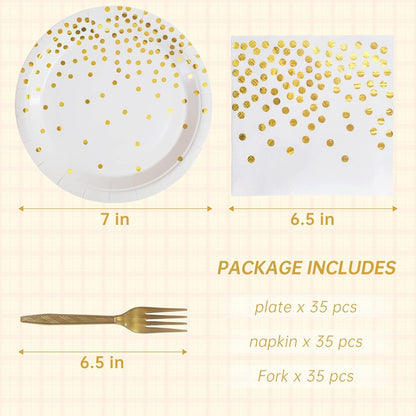 White and Gold Paper Plates Napkins Party Supplies,Disposable Gold Dot Paper Dessert Plates,105 PCS Birthday Plates and Napkins Party Supplies for Wedding(Serves 35 Guests 7")