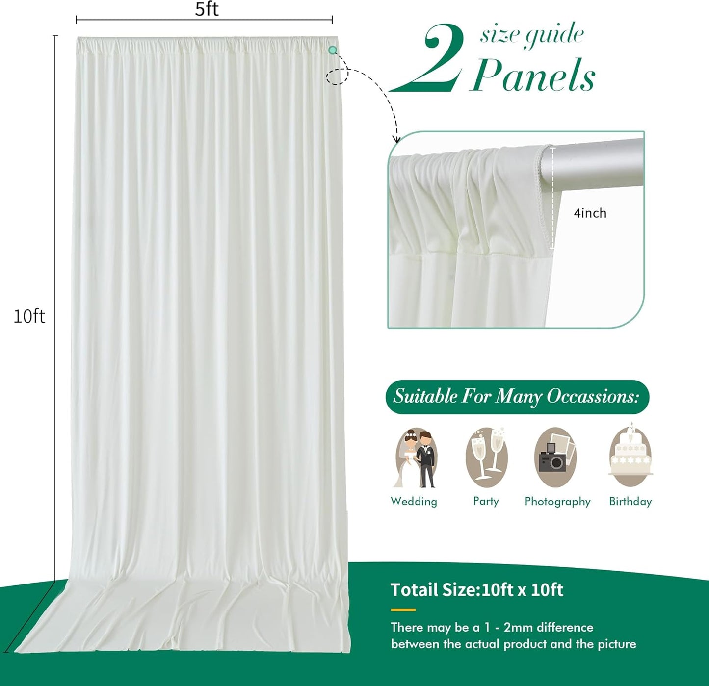10 ft x 10 ft Wrinkle Free White Backdrop Curtains for Wedding Parties, Polyester Photography Backdrop Drapes for Birthday Parties Stage Backdrop Stand, 2 Panels 5x10FT Background Curtains
