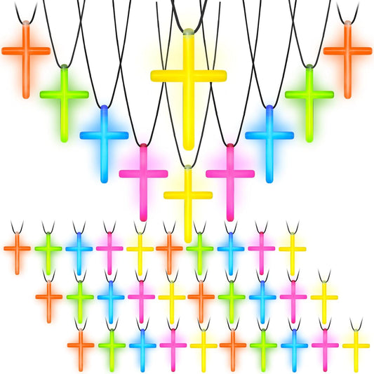Tondiamo Cross Necklace Bulk Halloween Christian Favor 50/100 Pcs Glow in The Dark Cross Sticks Luminous Necklace for Church Religious Truck or Treat Party
