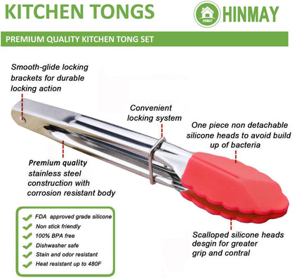 HINMAY Small Tongs with Silicone Tips 7-Inch Mini Serving Tongs, Set of 6 (Green Red Blue Purple Pink Orange)