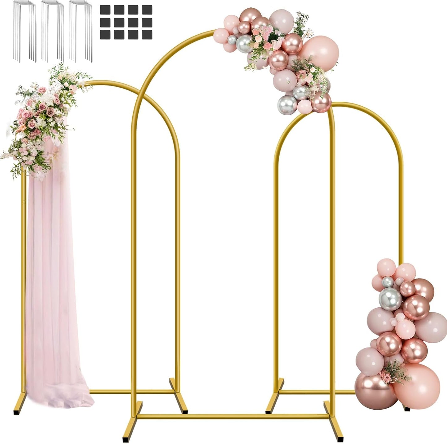 Hemmotop Metal Arch Backdrop Stand Set of 3, 6FT, 5FT, 4FT Party Arch Stands for Wedding, Birthday, Baby Shower, Bridal Shower - Balloon Arched Frame for Garden Decor, Gold Floral Arches, 3 Pieces