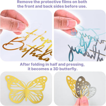 Crown Cake Topper, Balls Happy Birthday Cake Topper Pink Crown Birthday Candles Gold Butterflies, Corona Para Pastel, Cake Decorations for Birthday Wedding (Gold, Pink)
