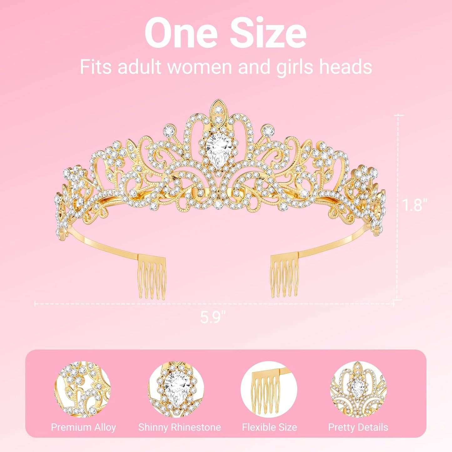Tiara Crown for Women, Headband Hair Accessories for Birthday Wedding Party Costume Pink