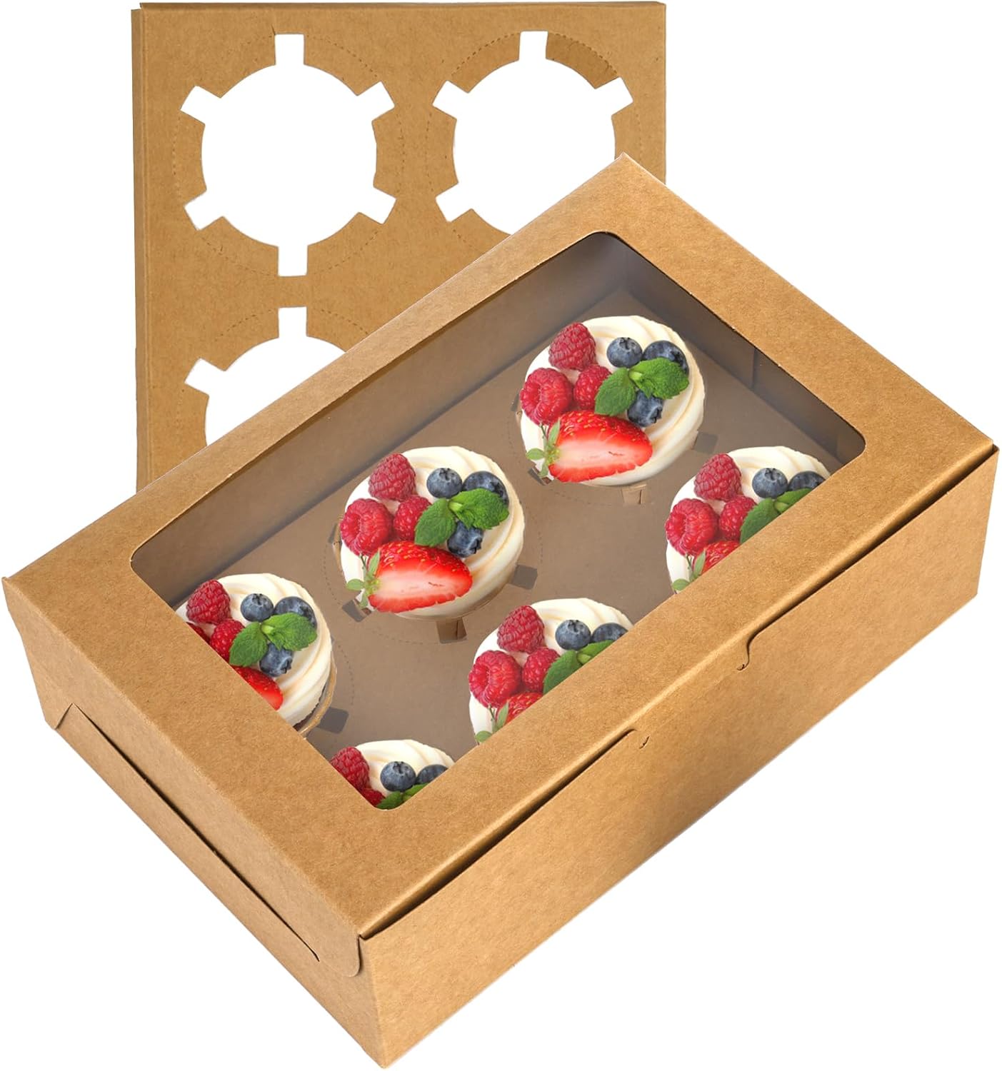 Jucoan 50 Pack Kraft Cupcake Box with Insert and Window Hold 6 Standard Cupcake, Food Grade Cupcake Carrier Container, Brown Bakery Box for Pastry, Cookies, Small Cake, Desserts Treat