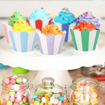 Whaline 48Pcs Colorful Striped Cupcake Wrappers Paper Cupcake Liners Scalloped Dessert Holders for Birthday Baby Shower Wedding Party Supplies, 8 Designs