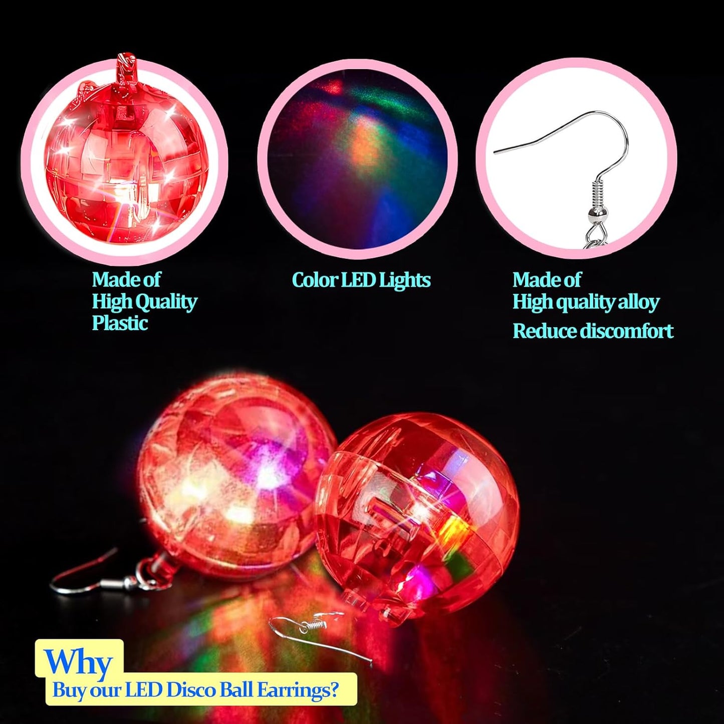JICASTO LED Disco Ball Earrings and Necklaces, 2 Pcs 70s 80s Light up Disco Ball Set for Disco Party Favors Dance Accessories Women Halloween Costume