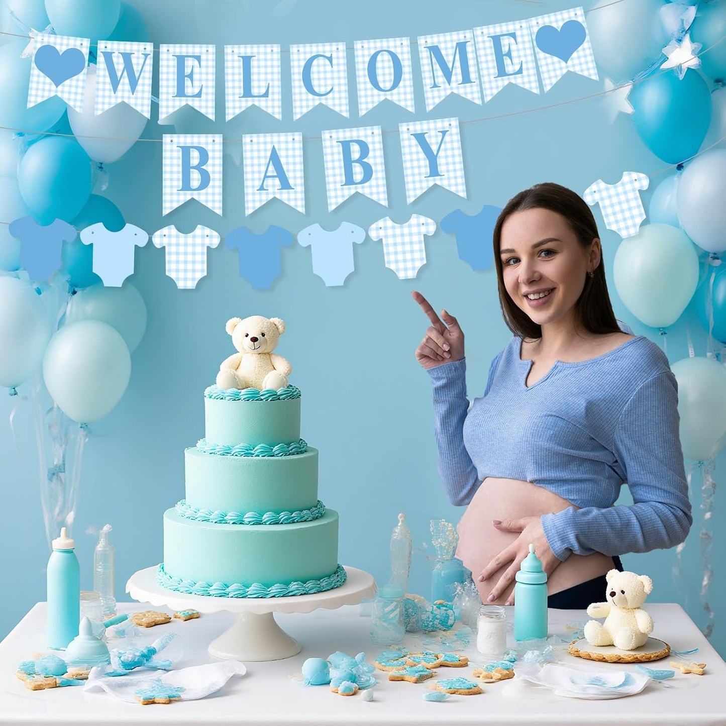 Hahafelt 1 Pcs Blue Gingham Welcome Baby Boy Banner for Baby Shower Party Decorations Pre Strung Gender Reveal Paper Banner for Table, Wall, Mantel Display Party Decor Supplies