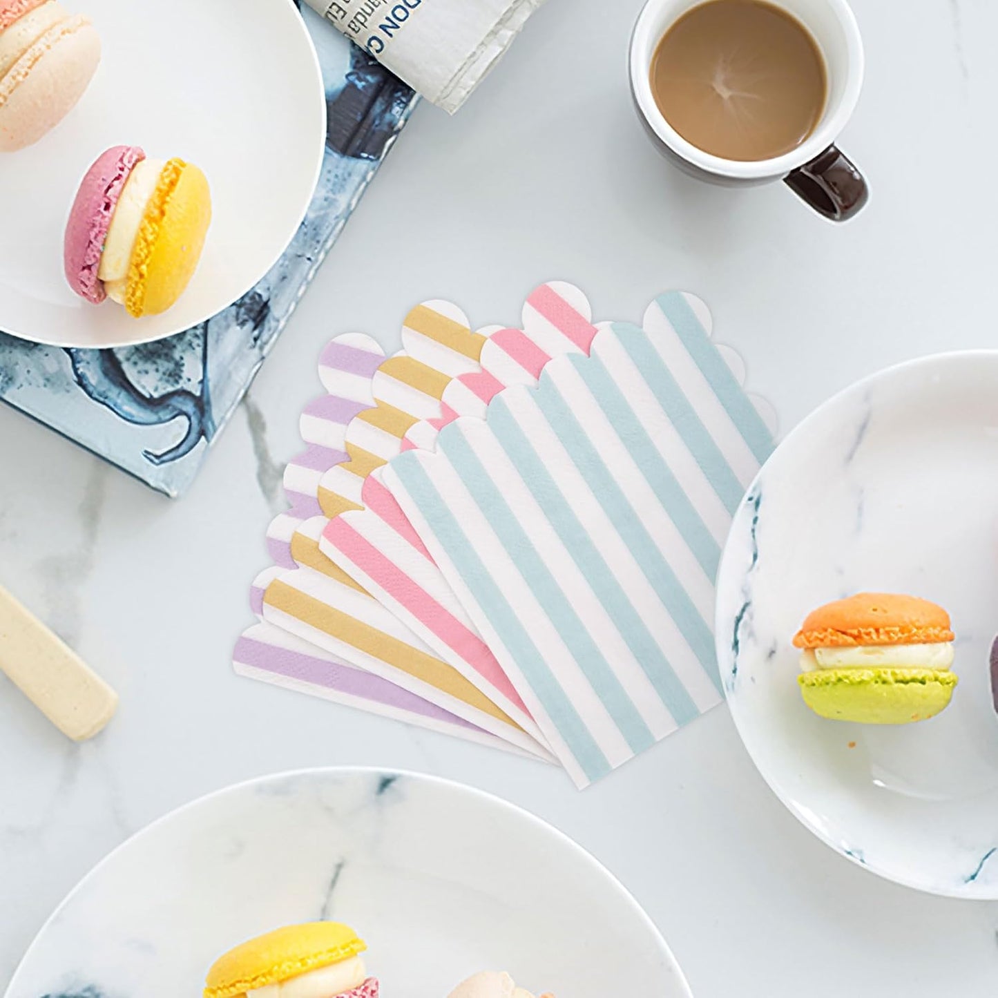 100 Pcs Striped Pastel Napkins, 5 x 5 Inches Scalloped Napkins, Disposable Cocktail Napkins for Pastel Summer Party Birthday Wedding Decor