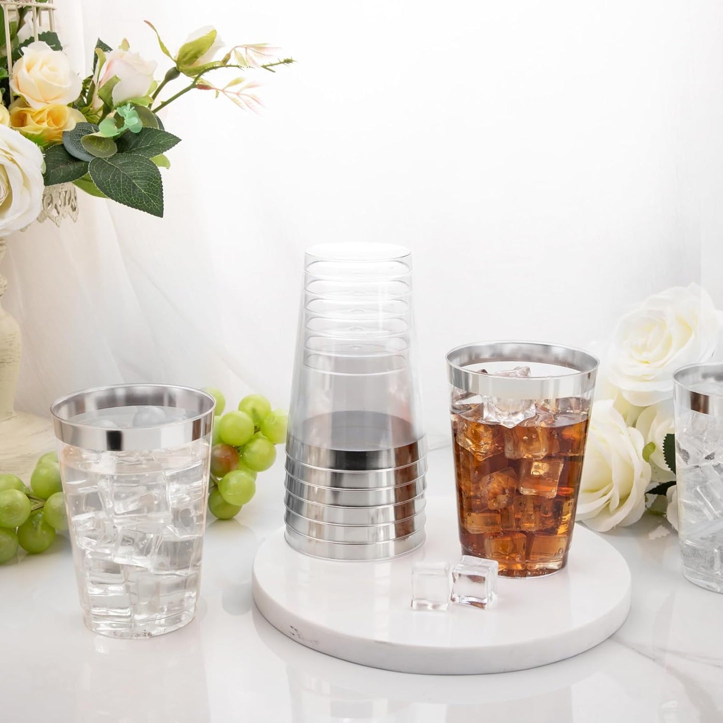 I00000 100 Pack 12 oz Gold Plastic Cups, Gold Rimmed Disposable Cups, Disposable Wine Glasses Cocktail Glasses Premium Cup with Golden Rim, 12 Ounce Plastic Tumblers for Party & Wedding