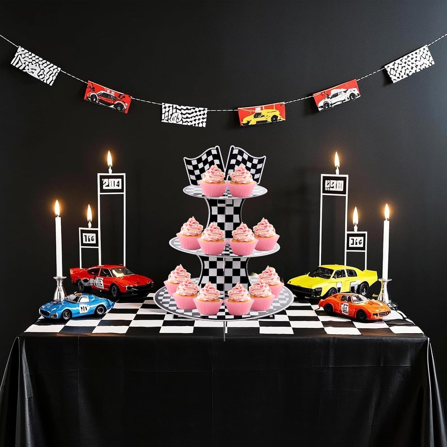 3-Tier Round Cardboard Cupcake Stand Holder, Racing Car Theme Birthday Party Decorations Supplies, Black and White Checkered Dessert Display Stand Tower