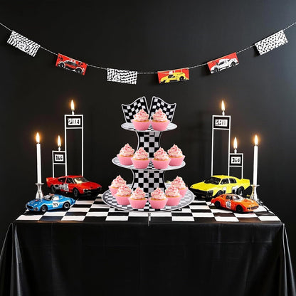 3-Tier Round Cardboard Cupcake Stand Holder, Racing Car Theme Birthday Party Decorations Supplies, Black and White Checkered Dessert Display Stand Tower
