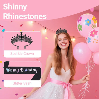 Birthday Tiara and Crown with Sash, Birthday Tiara for Women Party Silver