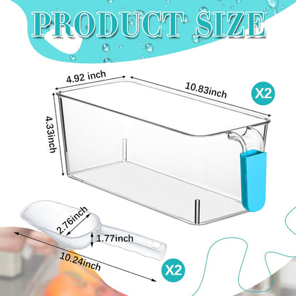 Havawish Ice Storage Bin and Flexible Scoop Set Plastic Freezer Bin with Pull Out Handle Storage Bucket Clear for Container with Scoop(Grey,10.83 x 4.92 x 4.33 in,Classic)