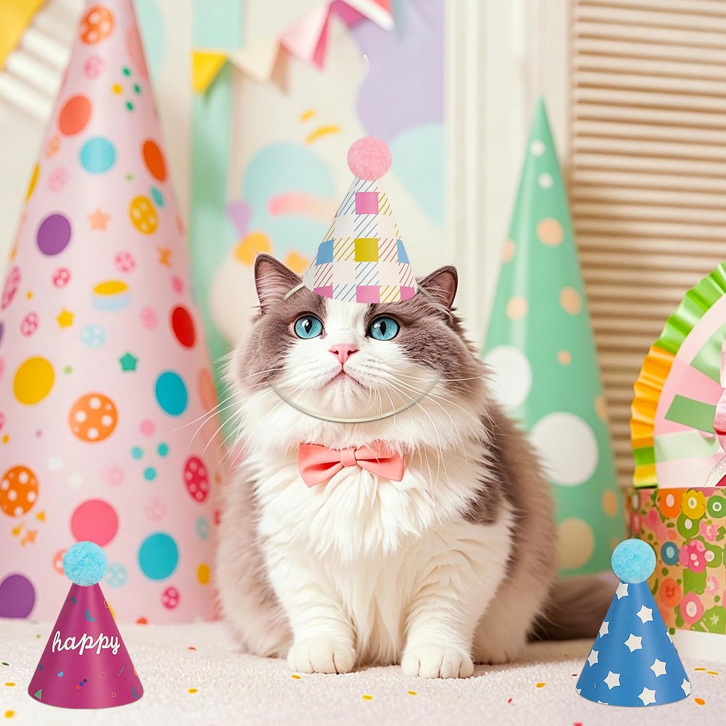 12 Pack Mini Party Hats for Stuffed Animals, Mini Hats with Pom Poms Dog Birthday Party Hats for Dolls Dog Cat Pet Birthday Decoration