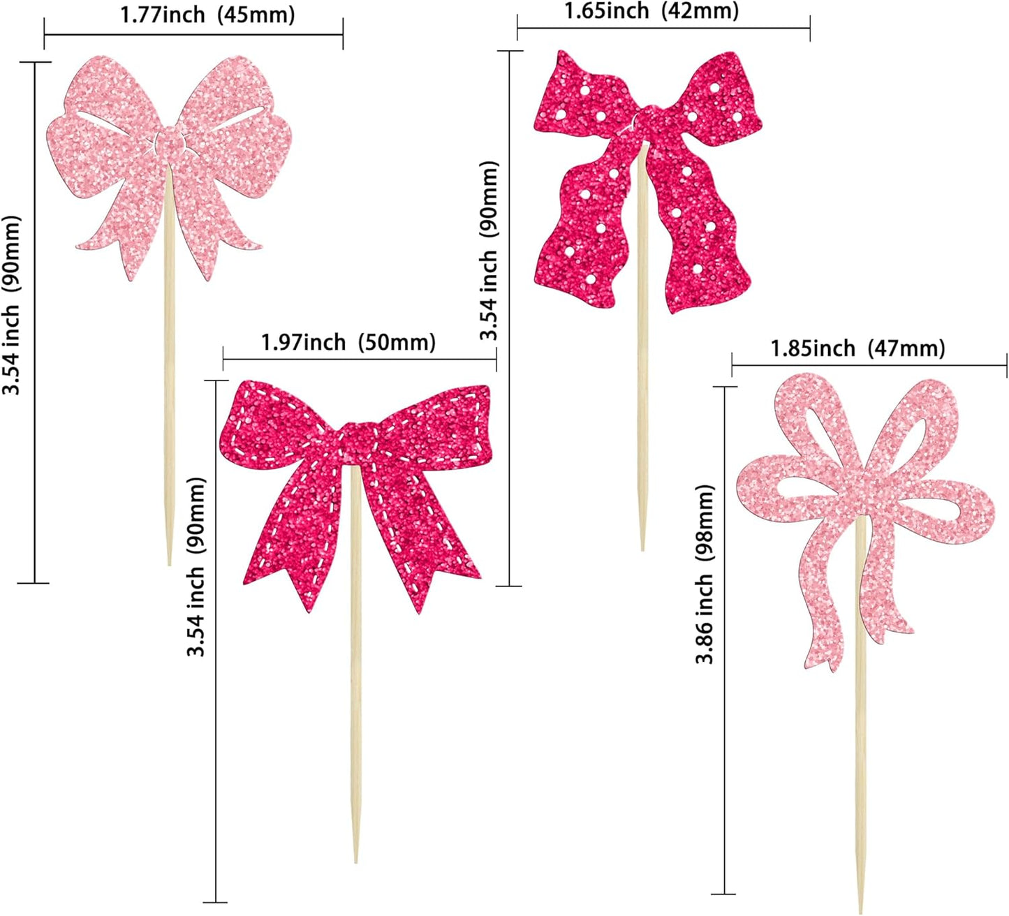 Ephlyn 24Pcs Pink Bow Cupcake Toppers Bow Birthday Cake Topper Girls Birthday Party Decorations Bowknot Cupcake Decorations for Bridal Wedding Themed Party Multi