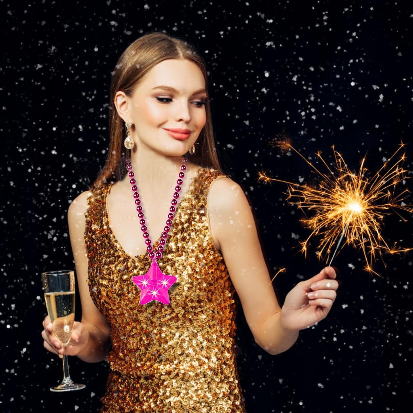 6 Pack Clear LED Glow Star Necklace Bulk Beaded Necklaces for Halloween Christmas Decorations Mardi Gras Party Favors