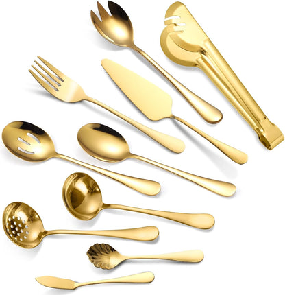 Stainless Steel Serving Utensil Set 10-Piece Buffet Flatware Catering Silverware with Bread Tong,Cake Spatula,Serving Ladles,Salad Fork,Cheese Knife,Large Spoon for Parties Buffet