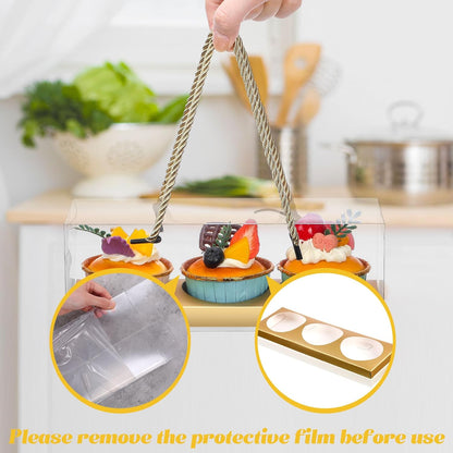 Thenshop 20 Pcs 9 x 3 x 3 Inch Clear Cupcake Boxes with Handle and Inserts 3 Count Portable Pastry Packaging for Cupcakes Carrier Muffin Bakery Containers Mothers Day Wedding Party(Brown)